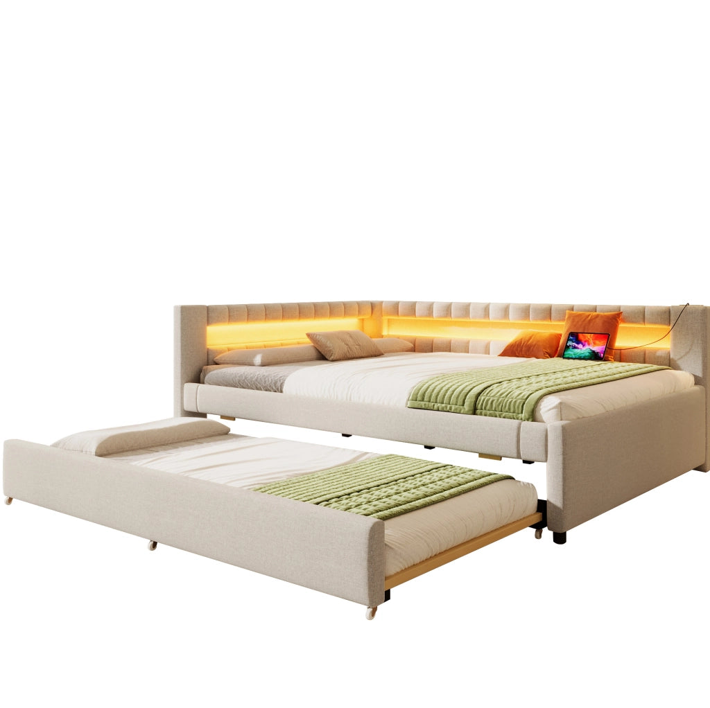 Letto singolo 140x200 cm con letto estraibile, LED e porte USB/Type-C beige HAVRYA