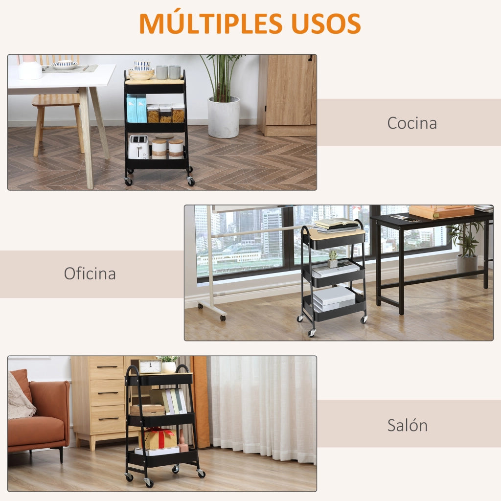 Carrello da cucina con 3 cestini in acciaio e ripiano ¨C zephmum ¨C 45x31x79,4 cm nero