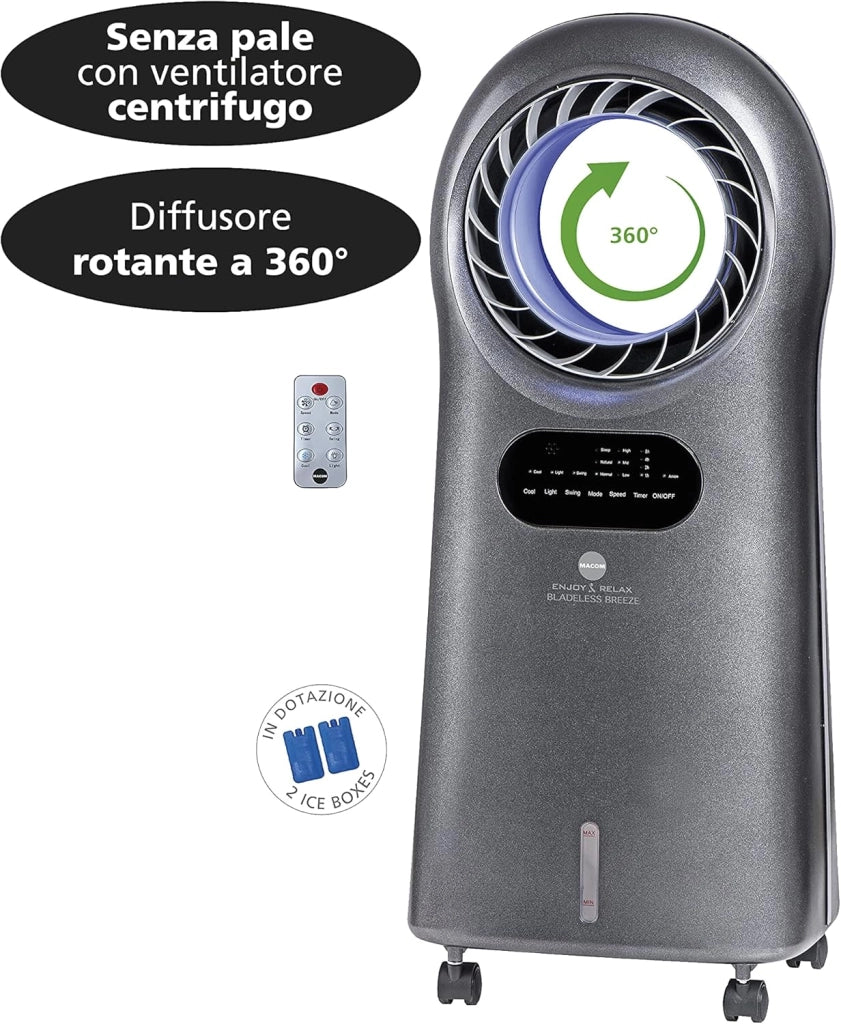 Macom enjoy & relax 989 bladeless breeze raffrescatore evaporativo senza pale, grigio, portata 10 m3/minuto