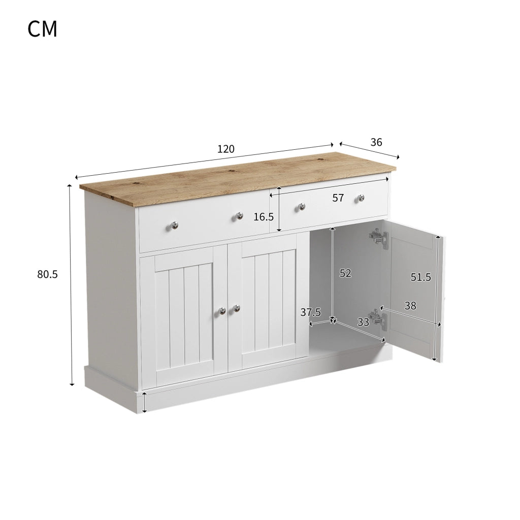 Credenza con 3 Ante e 2 Cassetti; Apertura Push-to-Open; Texture in Rilievo; in Pannello Truciolare; Bianco; 120??36??80;5 cm