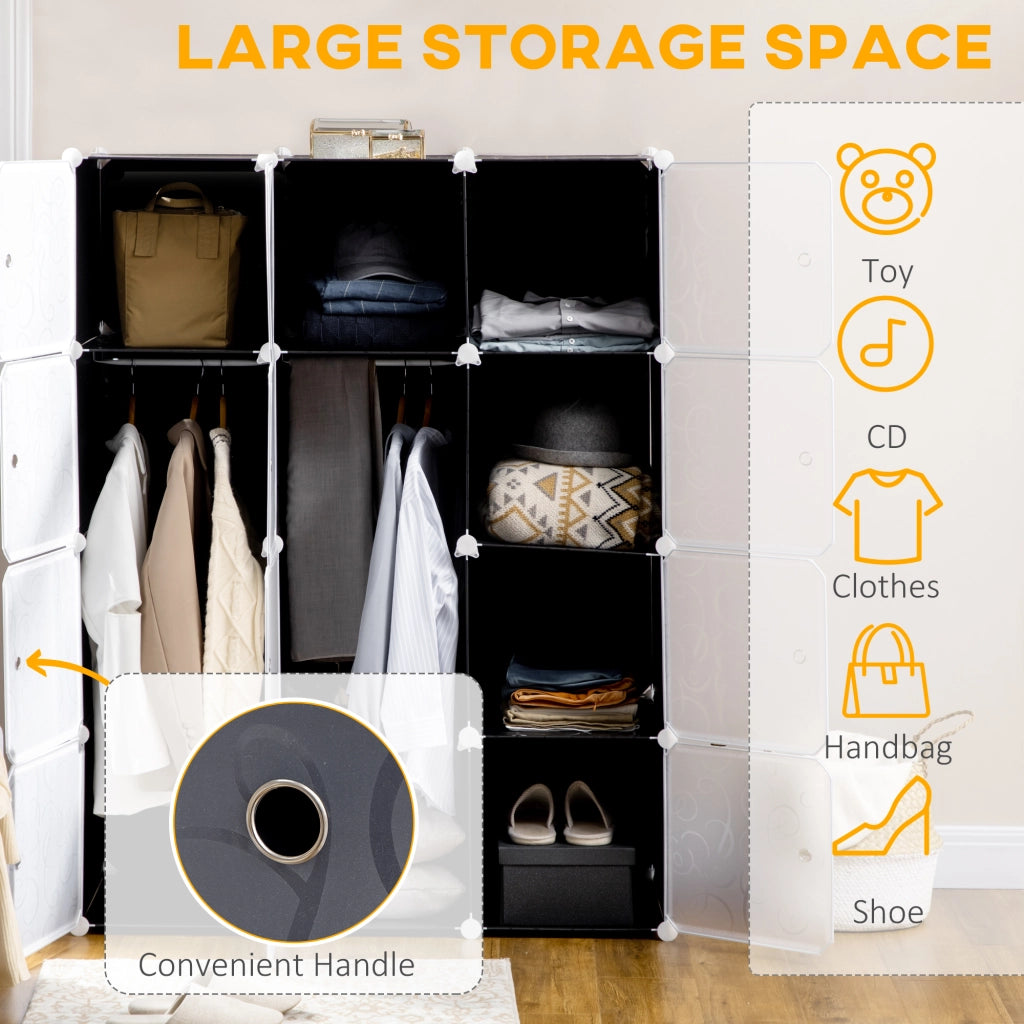 Armadio modulare aperto con 2 barre appendiabiti e 11 vani, per la casa, in plastica, nero, 111 × 47 × 145 cm