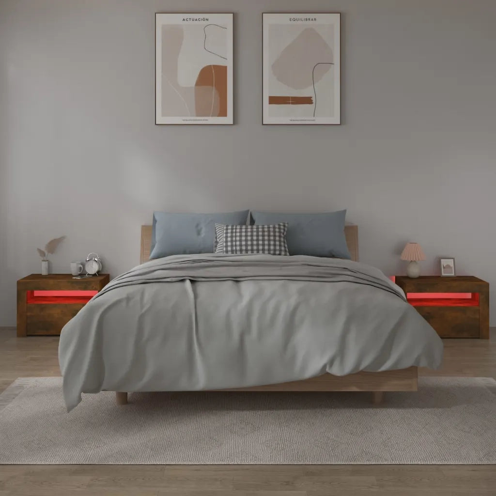 Comodini 2 pz con Luci LED Rovere Fumo 60x35x40 cm 3144972