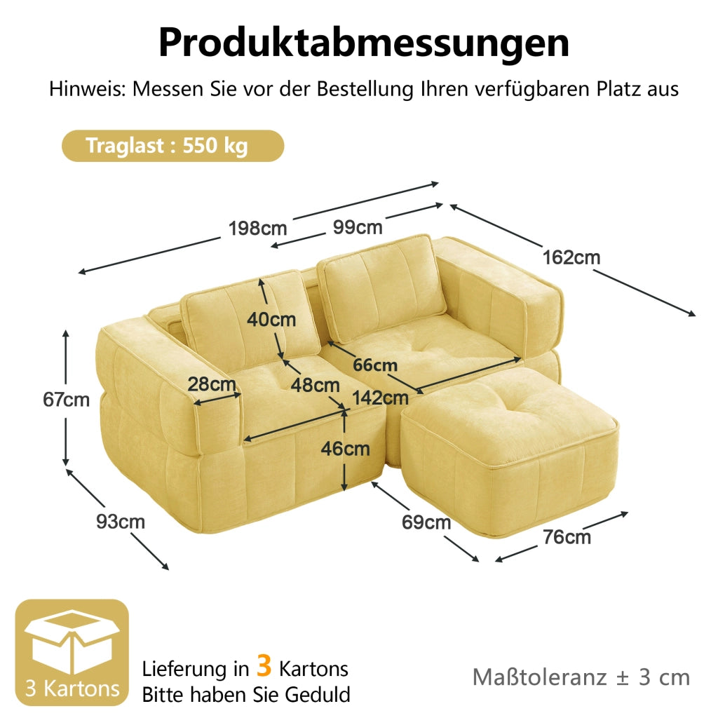 Divano angolare modulare a 2 posti senza struttura con pouf e seduta profonda in poliestere giallo 198 × 162 × 67 cm