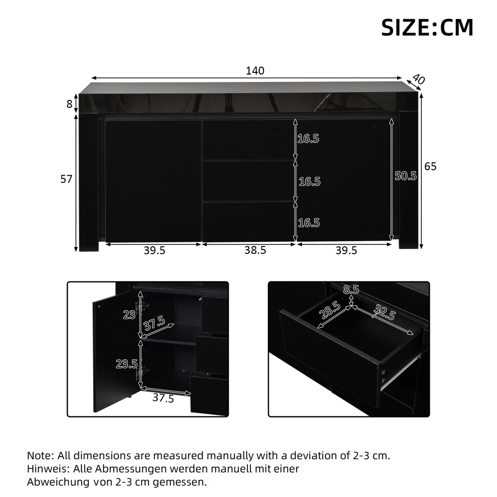 Credenza con 2 ante e 3 cassetti con LED e ripiani regolabili per soggiorno; in MDF; nero; 140×40×65 cm