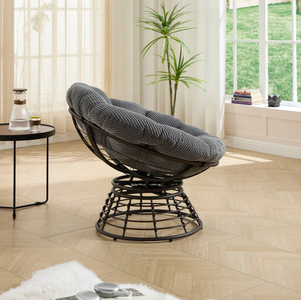Sedia Papasan girevole 360° con cuscino; ?92x67 cm; struttura in acciaio e rattan PE grigio