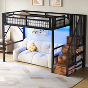 OKWISH Letto a Soppalco 90×200 cm, Letto Singolo con LED Regolabile, Scala con Contenitori e Spazio Libero, senza Materasso, in Metallo, Nero