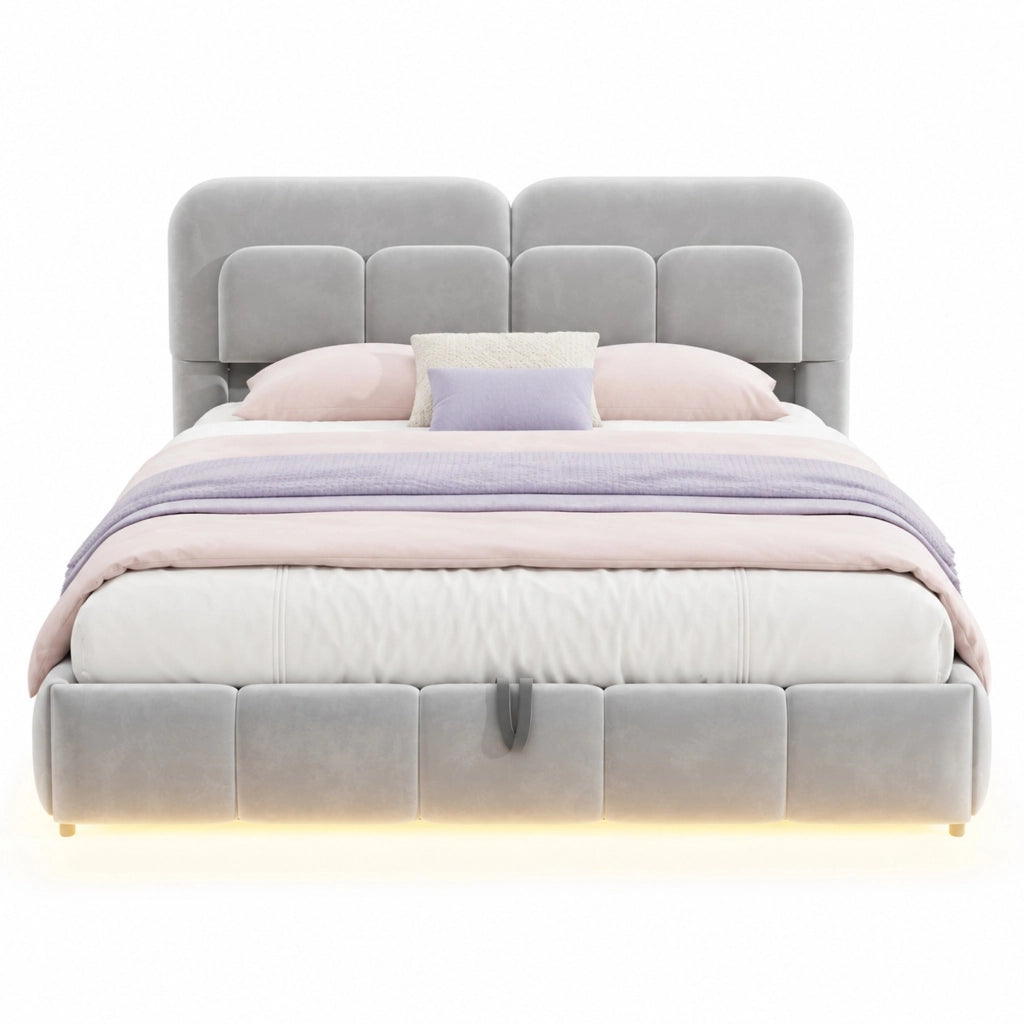 Letto Contenitore Letto Matrimoniale 140 x 200 cm con LED; stoccaggio idraulico in Velluto Grigio