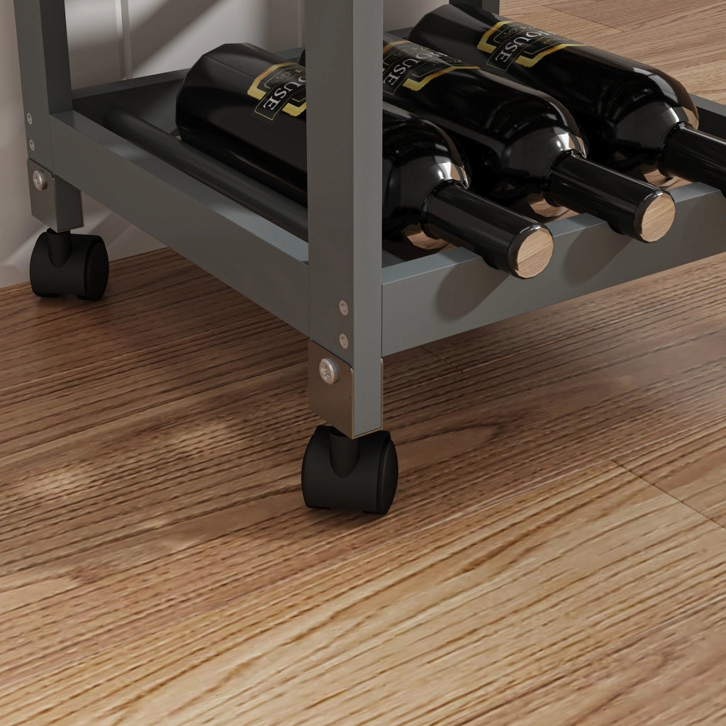 Carrello Portaoggetti Biel con Cassetto 3 Ripiani e Griglia Portabottiglie 76x37x37 cm - Grigio Scuro / Effetto Legno [en.casa]