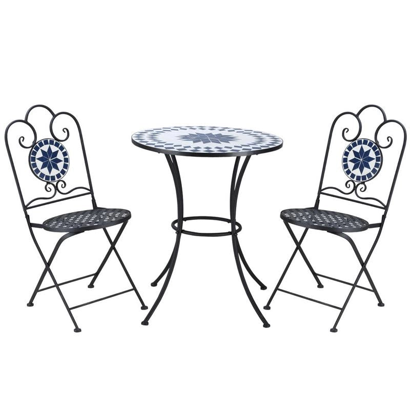 SET DA GIARDINO CON 2 SEDIE PIEGHEVOLI E 1 TAVOLINO A MOSAICO NERO