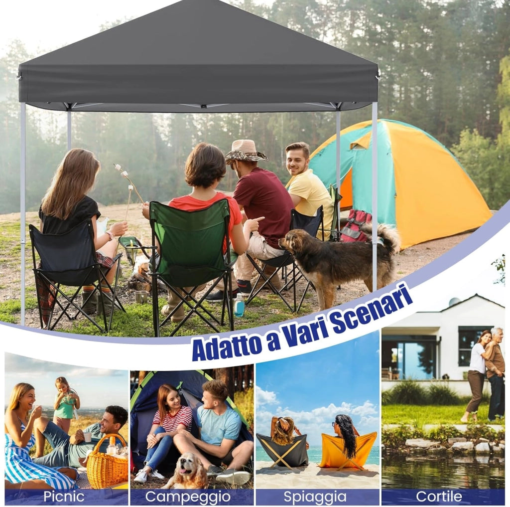Gazebo Pop-up da Esterno 2 x 2 m, Gazebo Regolabile in Altezza con Borsa da Trasporto, 8 Picchetti e 4 Corde Antivento, Tenda Pieghevole Portatile per Giardino (Grigio)