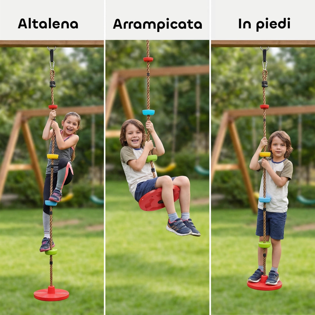 Corda Arrampicata Bambini con Pedane e Seduta a Disco, in HDPE e PE, ?30x4 cm, Rosso