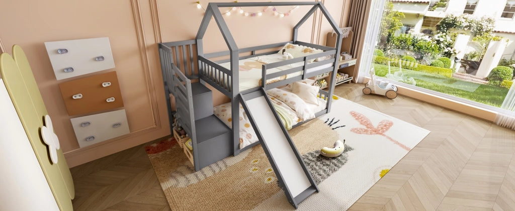 DESMIU Letto a castello 90 × 200 cm 2 posti con scala contenitore e scivolo, senza materasso, in legno e MDF, grigio