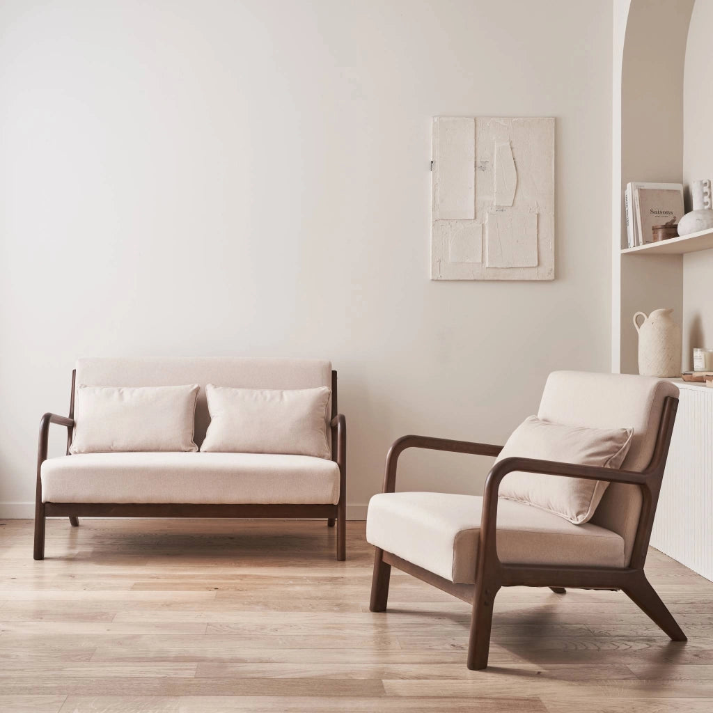 Set panca scandinava 2 posti e poltrona in legno di hevea, beige