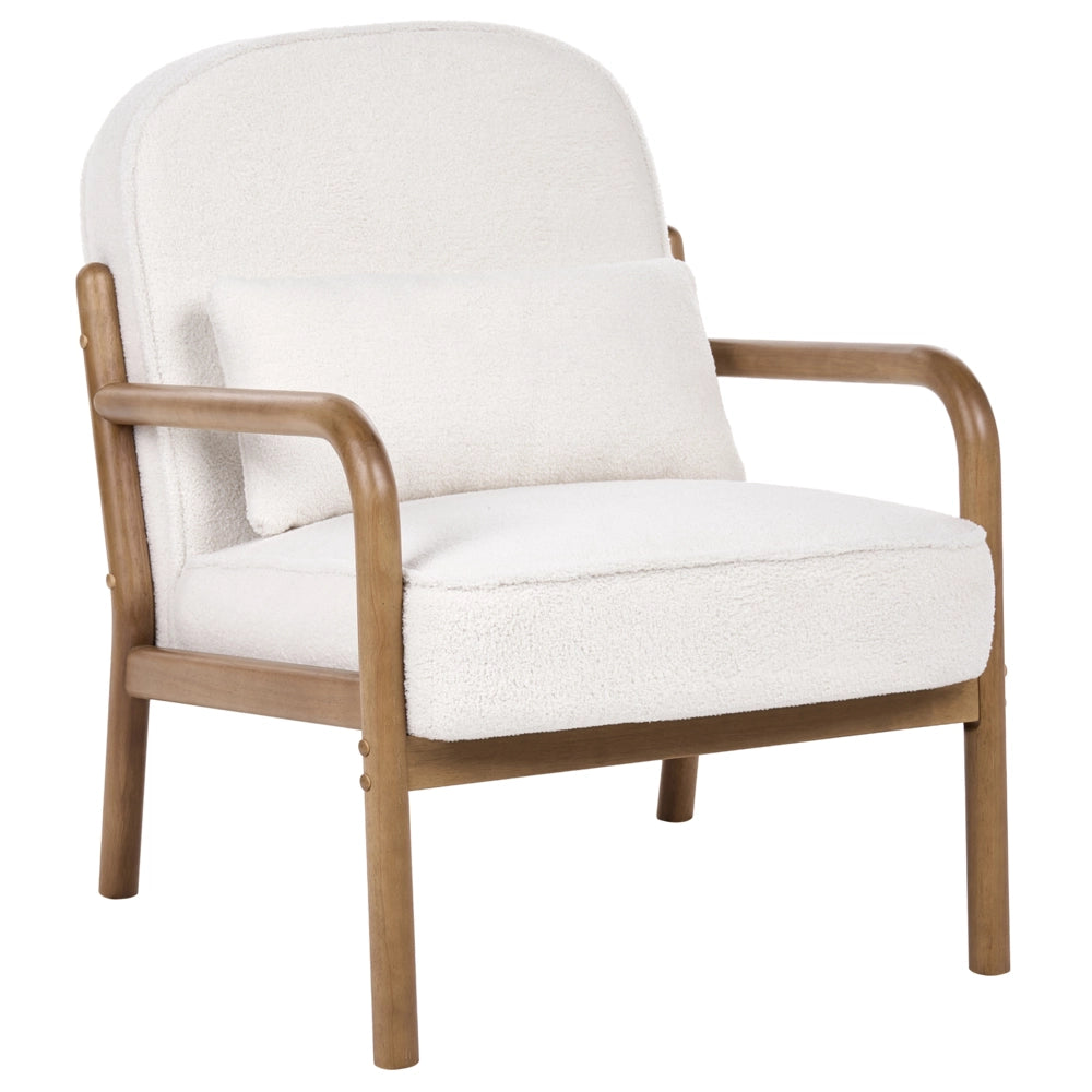 Poltrona Bianco Sporco in Bouclé con Struttura in Legno Stile Moderno Mid-Century