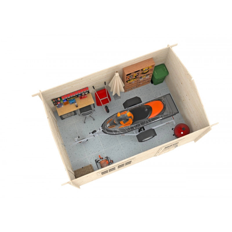 Garage in legno Tony 350x520 cm spessore 34 mm con portone doppio finestra laterale e porta singola  Esterni da Vivere