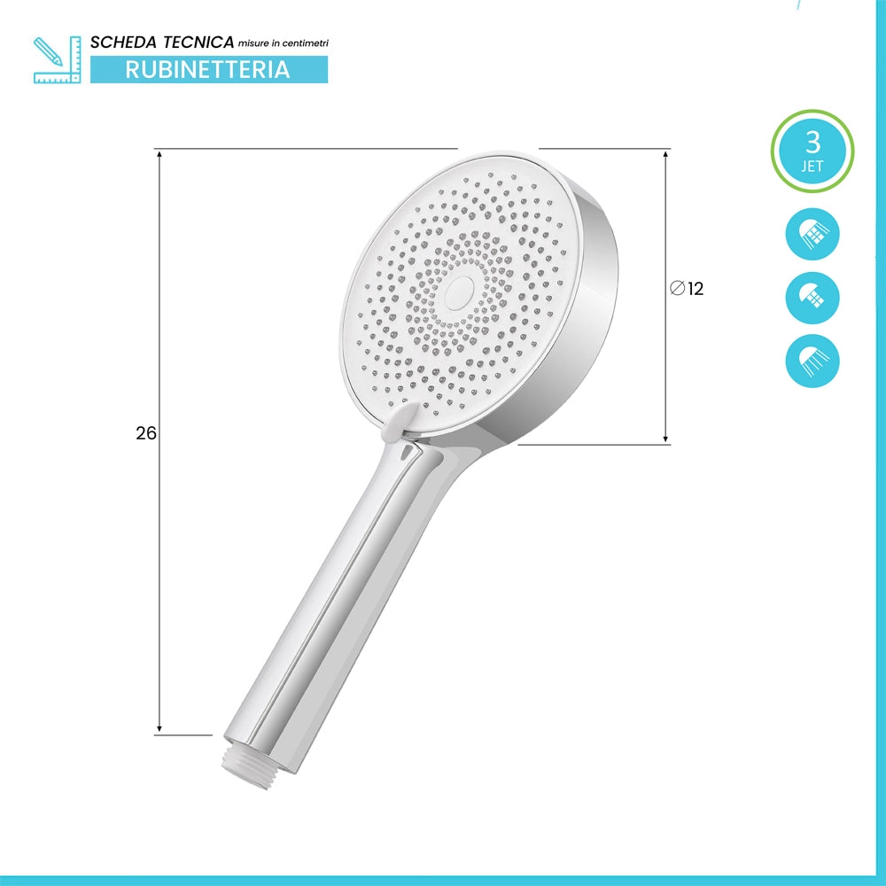 Doccetta tonda moderna 26cm cromo a tre getti in ABS anticalcare Hidra