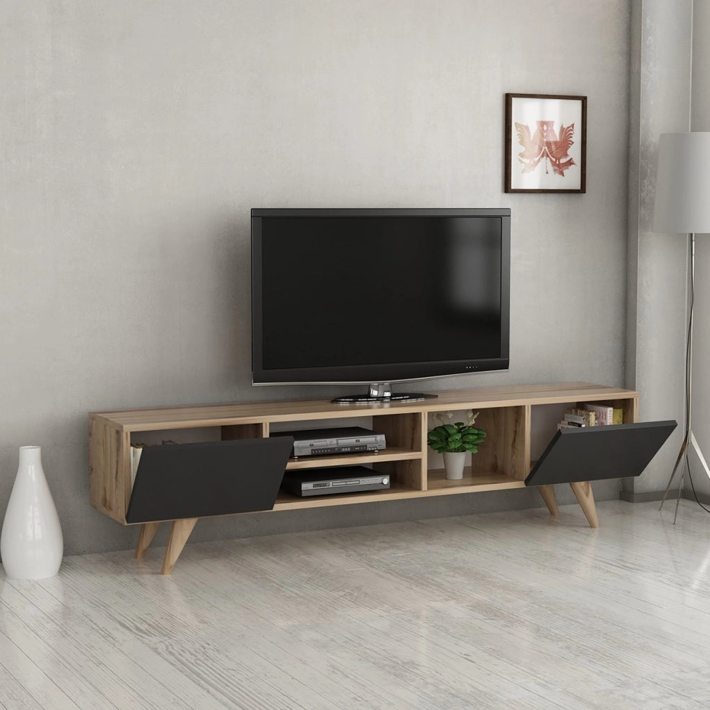 Mobile Basso Porta TV 'Assens' con Scomparti Aperti e Chiusi con Ante a Ribalta - Rovere / Nero [en.casa]
