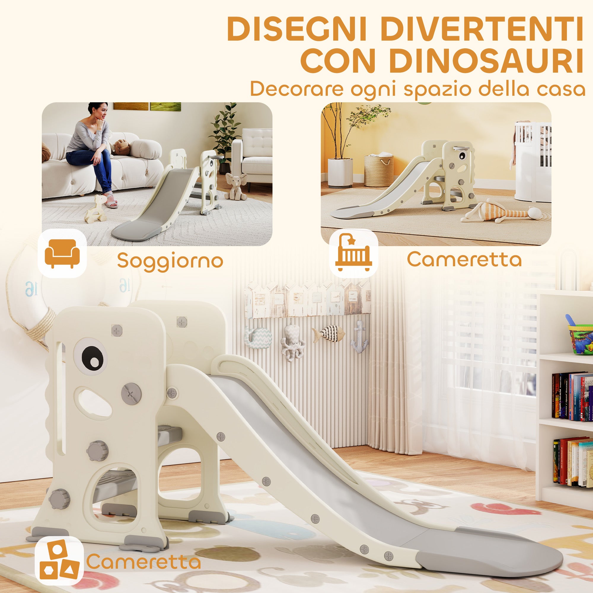 Scivolo per Bambini Pieghevole 146x52x65 cm con Canestro e Palla in PP e HDPE Grigio e Crema