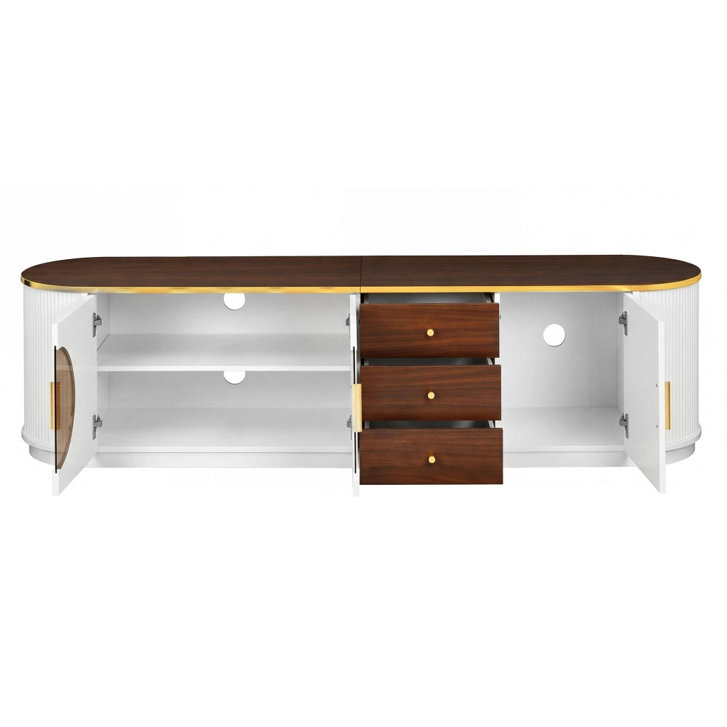 Mobile TV, ante in vetro marrone, in MDF, maniglie in metallo, finitura effetto legno, bianco e marrone