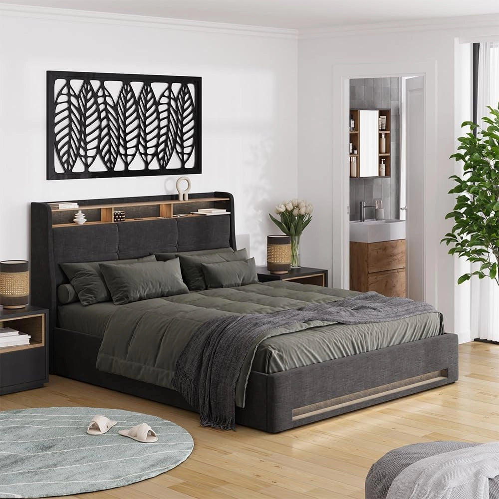 Letto imbottito Christin, Antracite/quercia, 160x200 con LED, connessione USB, materasso