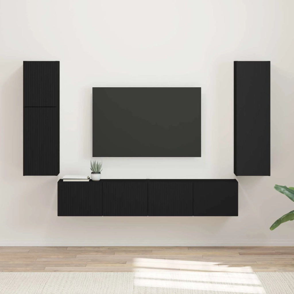 Set mobile TV Montaggio a parete 4 pcs Nero Legno multistrato