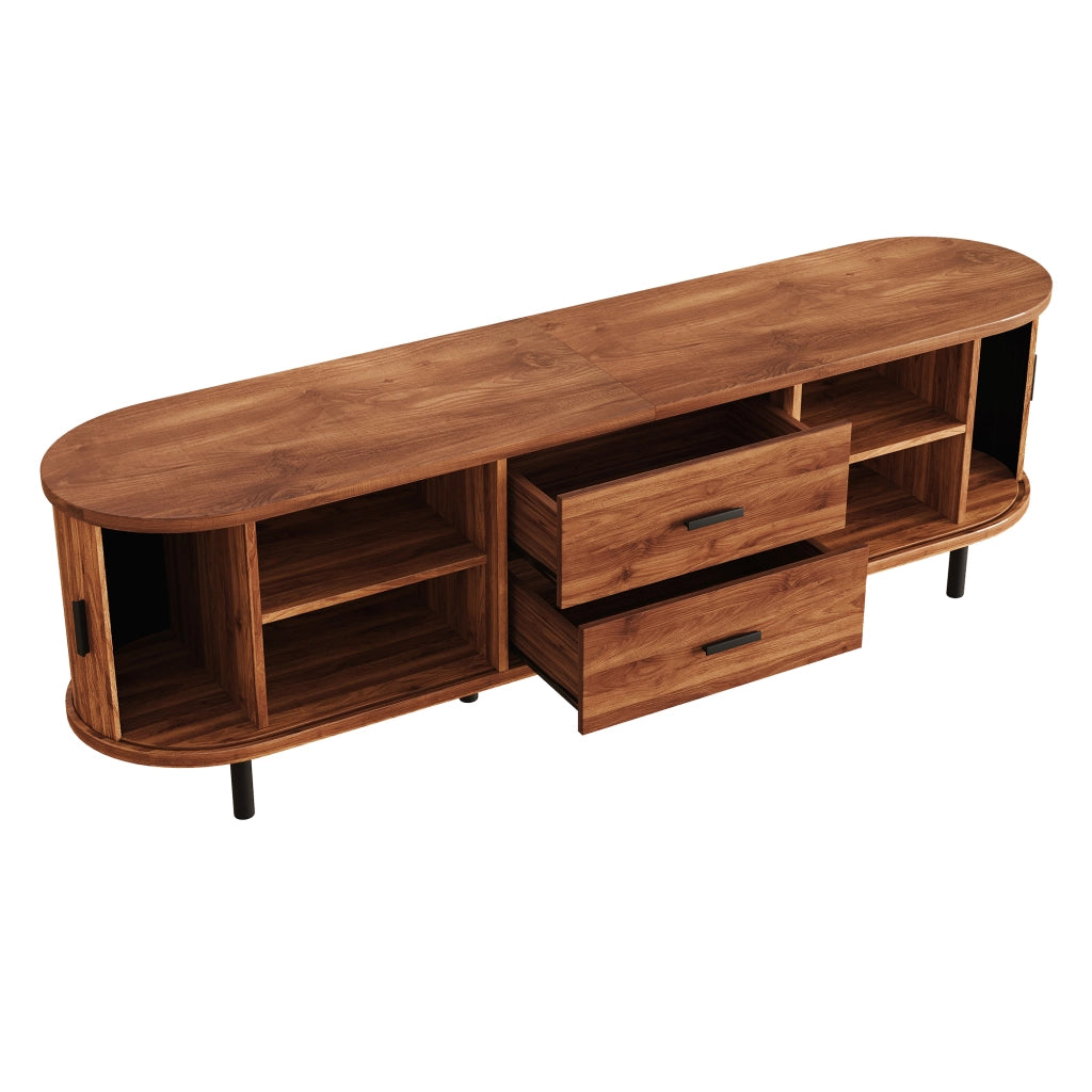 Mobile TV con 2 porte scorrevoli; 2 cassetti e 5 piedi in metallo; vani aperti; per soggiorno; 160 × 40 × 55 cm