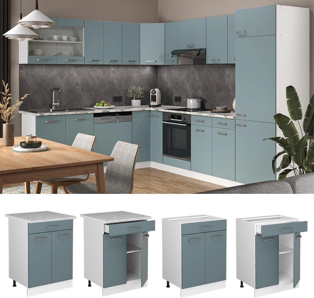 Mobiletto base per cucina R-Line, Grigio-blu, 60 cm con cassetto, senza piano di lavoro, per la libera combinazione all'interno di sistemi cucina modulari