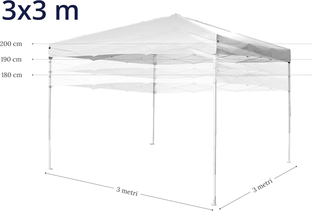 Gazebo 3x3 Pieghevole Impermeabile Con 1 Parete Laterale, Struttura Resistente, Richiudibile a Fisarmonica, Con Sacca Per il Trasporto, Telo in Poliestere 160 gr/mq | Gazebo Pop-up