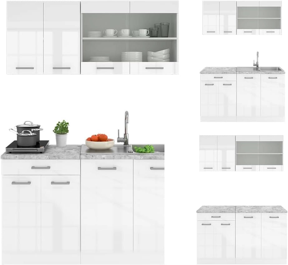 Cucina monoblocco R-Line, Bianco lucido, 140 cm, PL Rovere, adatto a spazi piccoli, espandibile in modo modulare