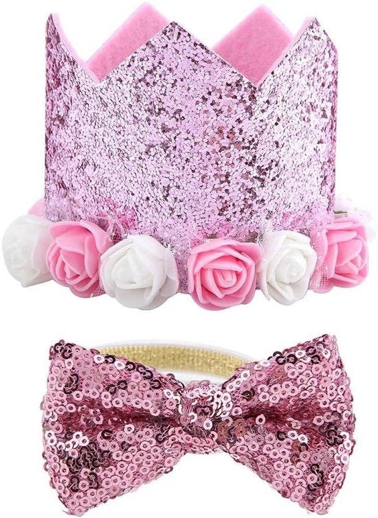 Set di compleanno per animali domestici con cappello, corona e sciarpa farfalla - Rosa - Per cani e gatti - Riciclabile