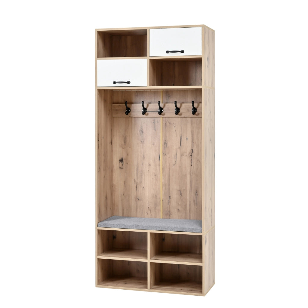 Set ingresso moderno con scarpiera, panca imbottita, 5 ganci, 4 vani aperti, colore naturale e bianco, 80¡Á185¡Á35 cm