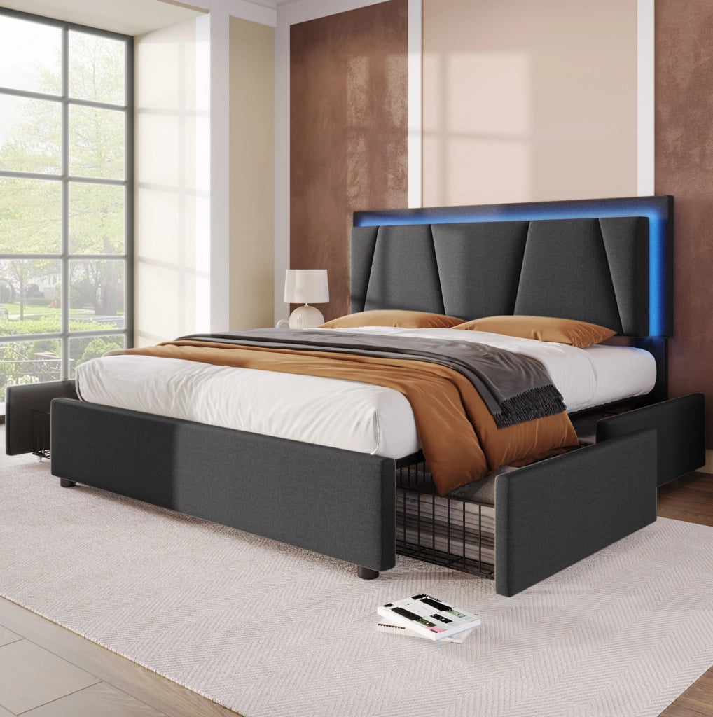Letto matrimoniale 160x200 cm con contenitore; testiera regolabile; LED e 4 cassetti; grigio