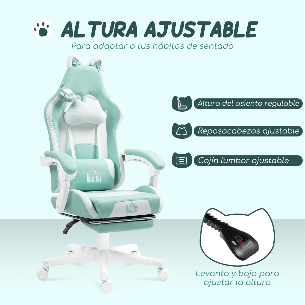 Sedia Gaming Reclinabile con Poggiapiedi Retrattile e Supporto Lombare ¨C zephmum ¨C Verde Menta