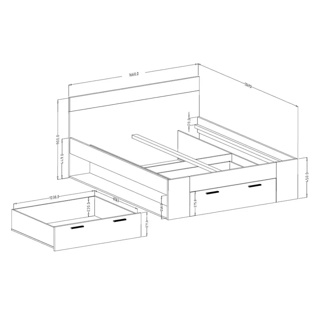 Letto adulto 160x200 con cassetti integrati - Collezione EOS. Colori rovere chiaro e nero.