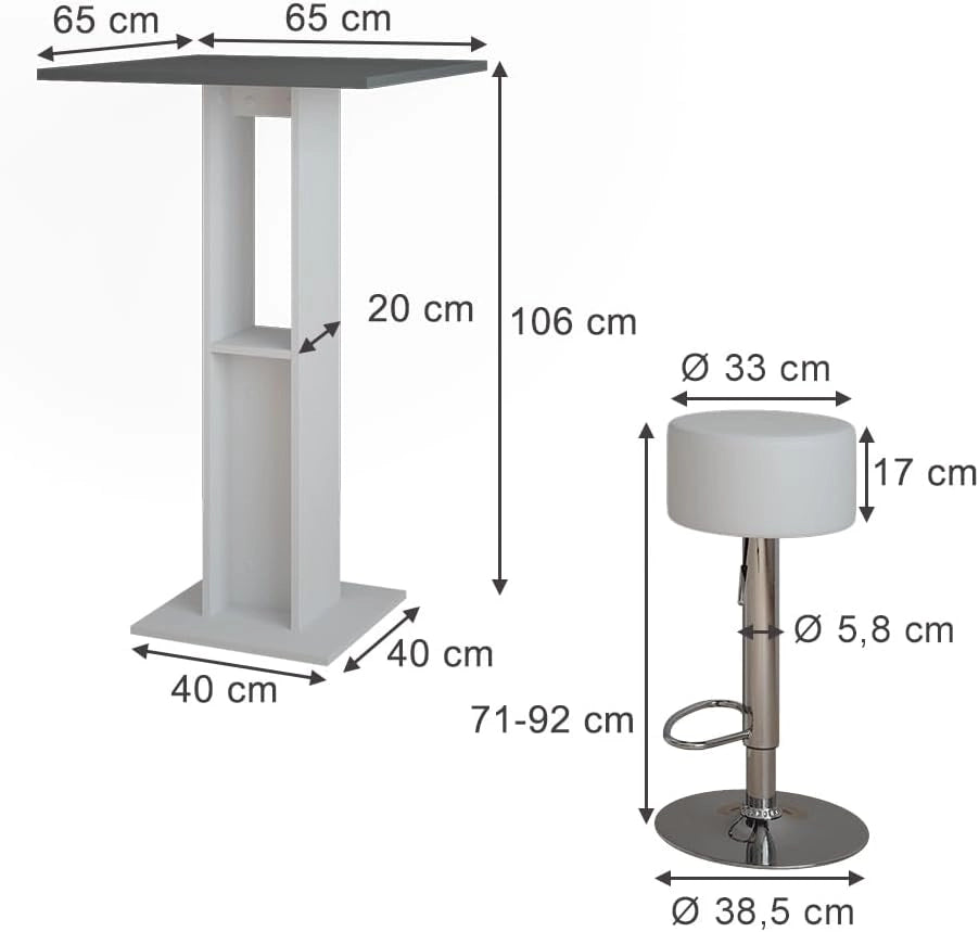 Set di tavoli da bar Repose, Bianco/antracite, 65 x 65 cm con 2 sgabelli da bar, con ripiano laterale per la conservazione di bottiglie e bicchieri