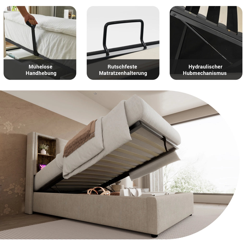 LETTO imbottito con ricarica wireless e USB 90x200 cm Lino Naturale