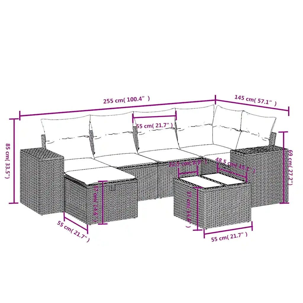 Set Divani da Giardino 7 pz con Cuscini Beige in Polyrattan