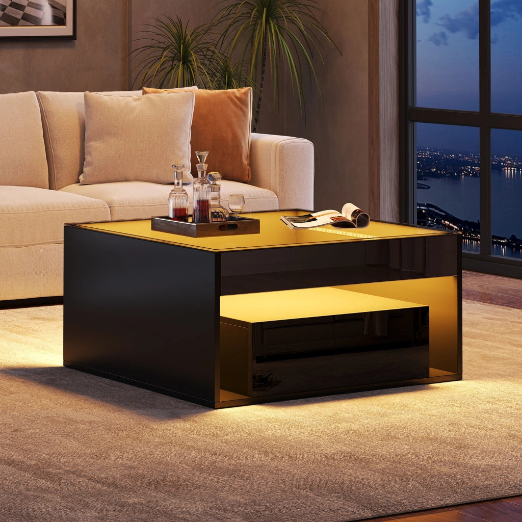 Tavolino da caffè 70x70x35 cm; 2 cassetti con LED; MDF e vetro temperato nero