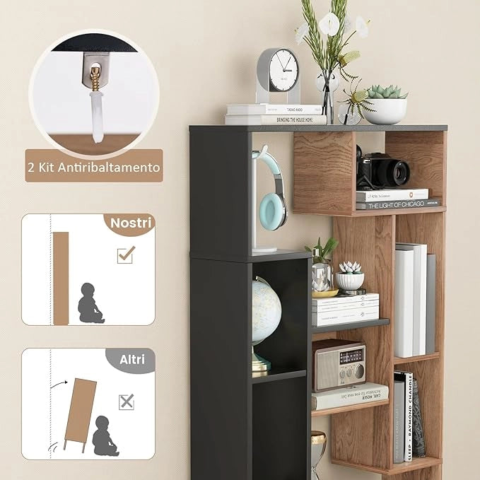 Libreria Geometrica 120 cm, Scaffale per Libri con Ripiani Aperti, Scaffale da Esposizione Moderno con Kit Anti-ribaltamento, Ideale per Casa Ufficio o Soggiorno (Nero+Marrone)
