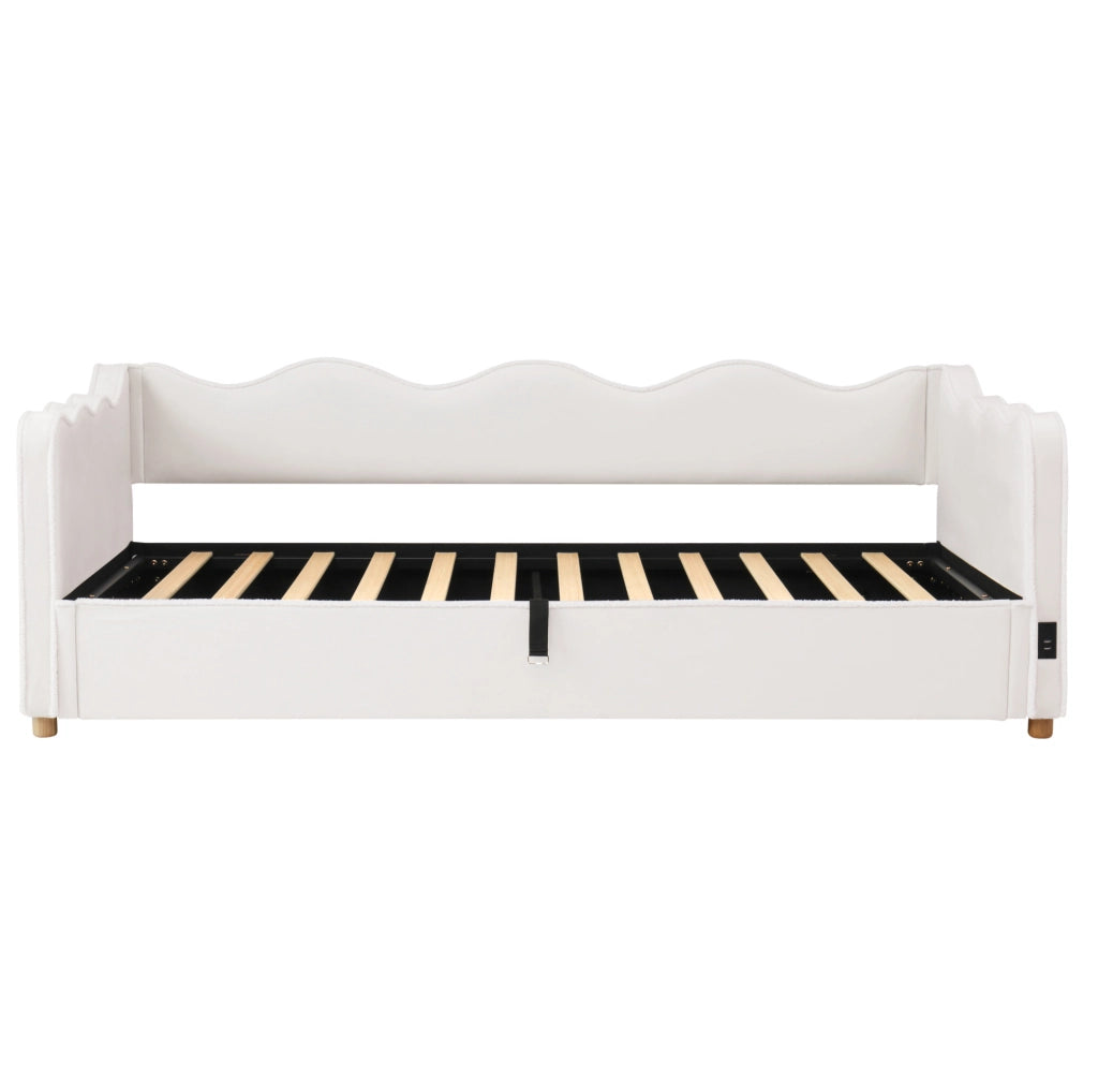 Letto contenitore 90x200 cm con USB C e presa; velluto beige