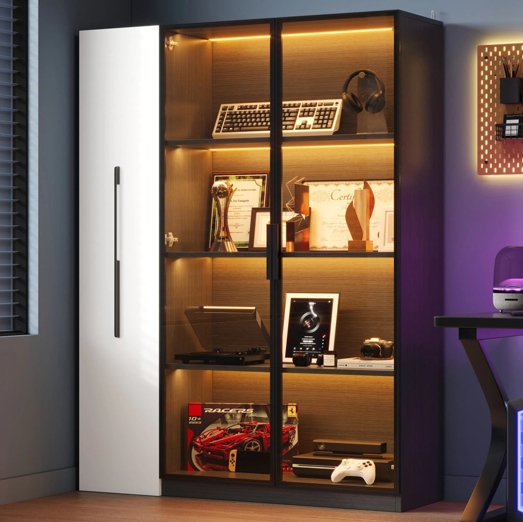 Vetrina moderna con LED e anta in vetro; 110;5 x 35 x 160 cm; MDF e vetro; nero e bianco
