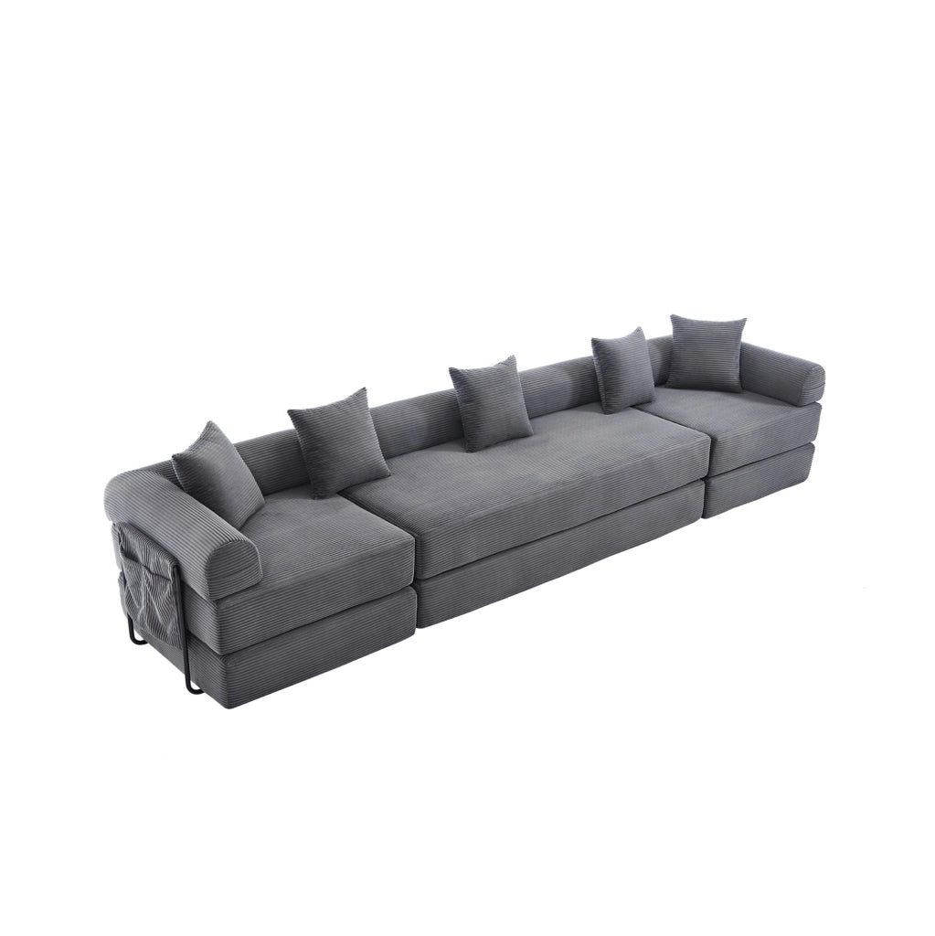 Divano modulare con tasca laterale e funzione letto 270x180x64 cm; in velluto corduroy grigio scuro