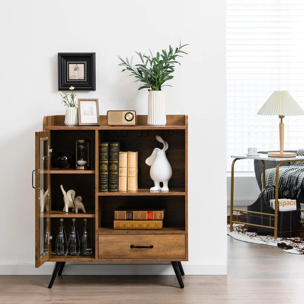 Credenza da Cucina Industriale, Armadietto per Vino a Buffet con Armadietto per Vino per 8 Bottiglie, Stile Industriale，40 x 80 x 95 cm