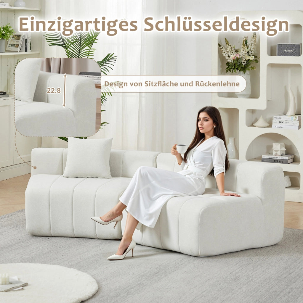 Modulo divano curvo modulare in ciniglia beige con 2 cuscini