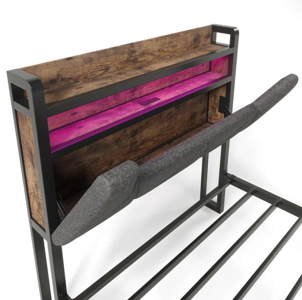 Letto singolo 90x200 cm con materasso; LED; USB e USB-C; testiera contenitore e cassetto; grigio