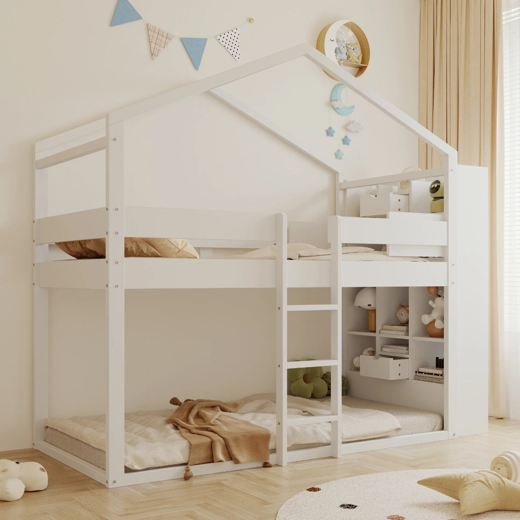 OKWISH Letto a Castello 90×200 cm, Letto Singolo con Contenitore, Mensole e Scomparti, senza Materasso, in Legno Massello, Bianco