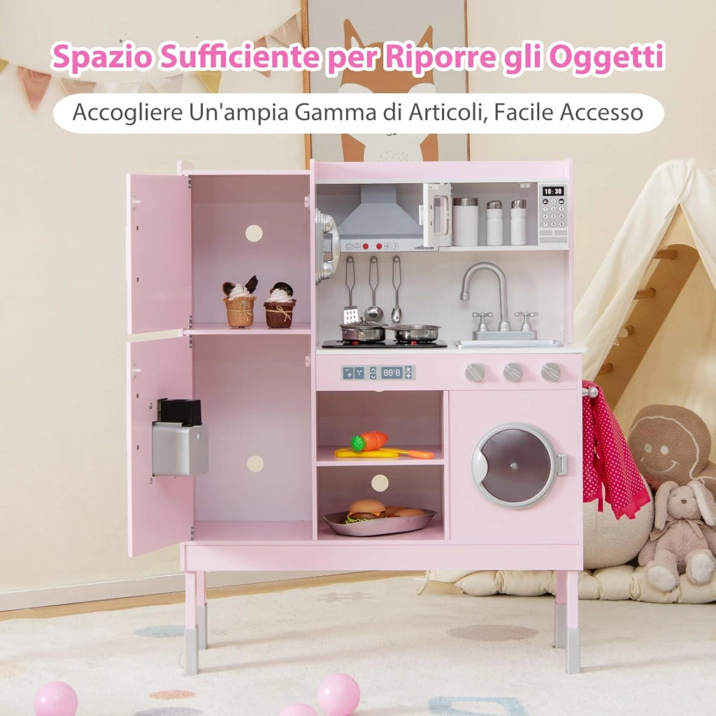 Cucina Giocattolo per Bambini, Cucina Legno per Bambini con Macchina del Ghiaccio, Telefono, Lavatrice, Microonde, Altezza Regolabile, Funzione Luci e Suoni, per 3+ Anni (Rosa)