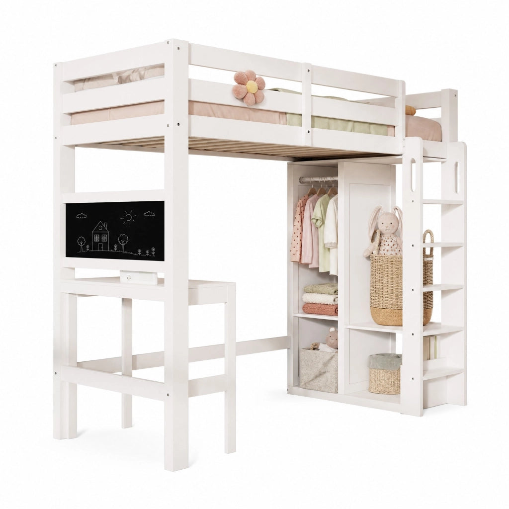 Letto a soppalco con scrivania, armadio aperto e scaffali, bianco, 90x200 cm