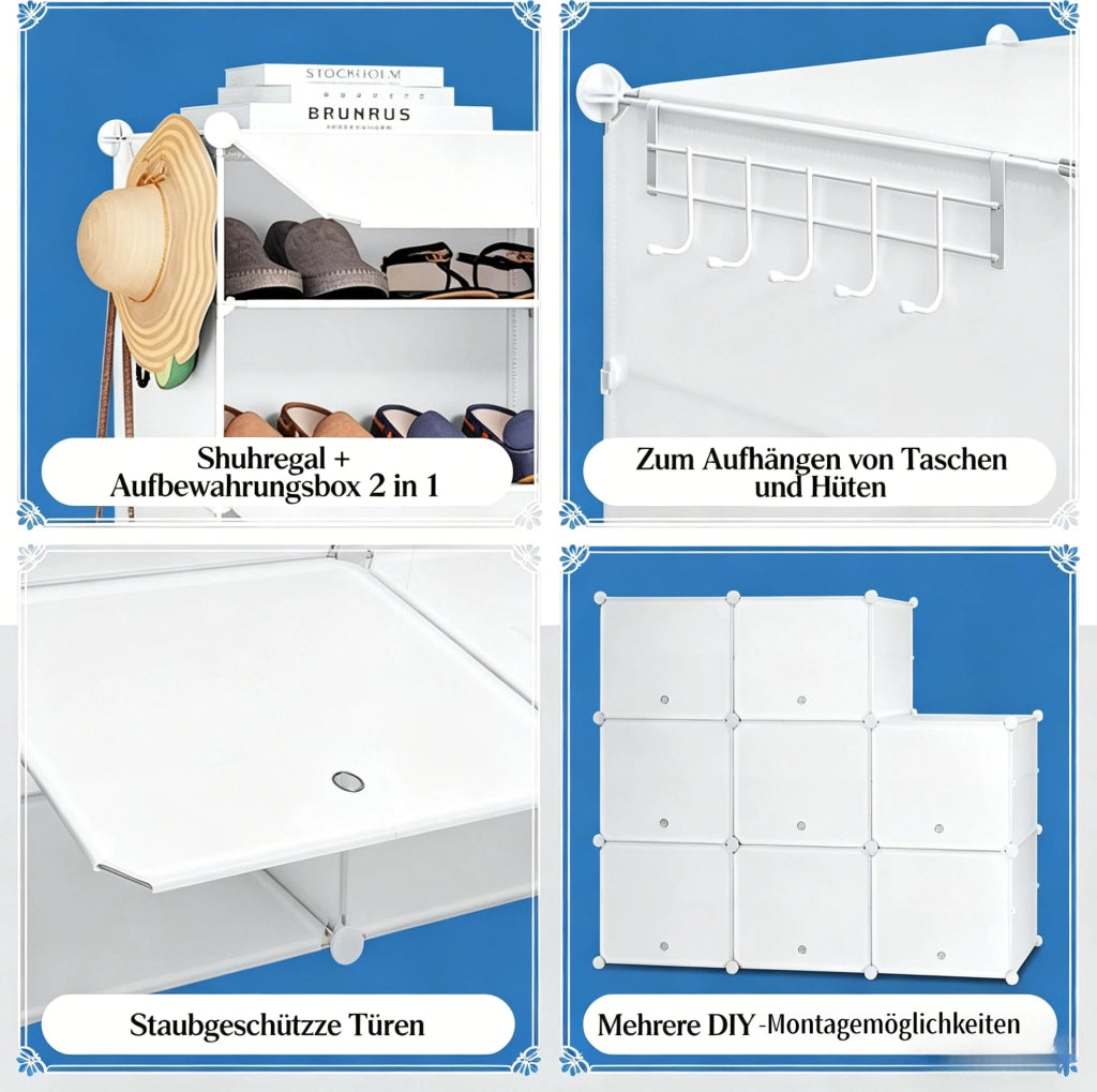 Scarpiera modulare ULEVR 94x36,5x144 cm con 8 scomparti a 2 livelli e ganci laterali, bianca