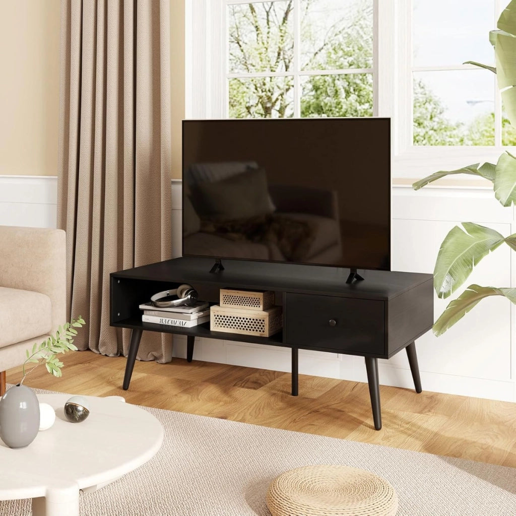 Tavolino moderno mid-century con 1 cassetto e mensola, Tavolino da caff¨¨ per salone e reception Nero